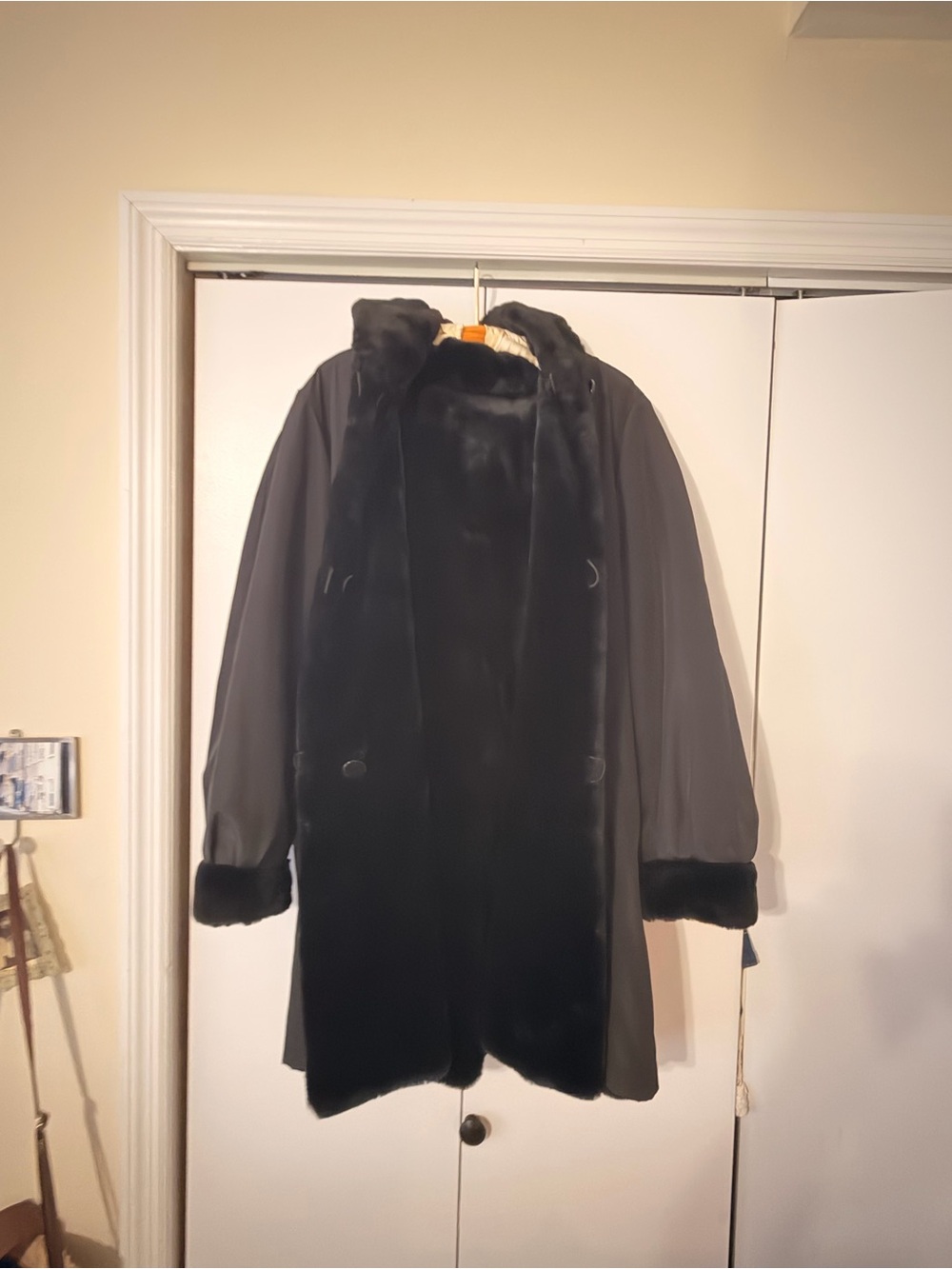Marvin Richards Black Faux Fur Trim Hooded Trench Coat
